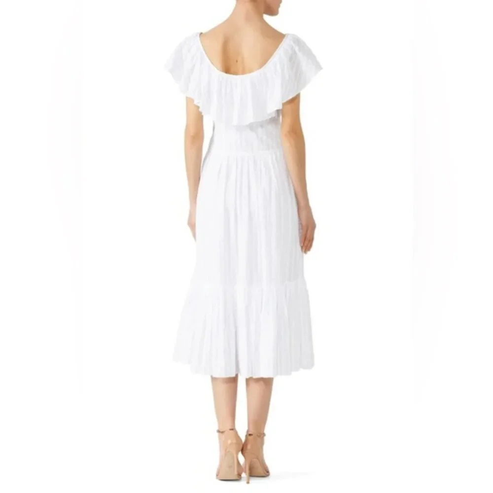 Tory Burch Off Shoulder White Cotton Seersucker Striped Ruffle Dress, size 2 - Picture 2 of 13